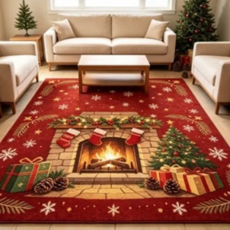 VIKAMA Red Christmas Fireplace Stocking Area Rug Noise Reducing Machine Washable Living Room Pet Modern Farmhouse Home Decor