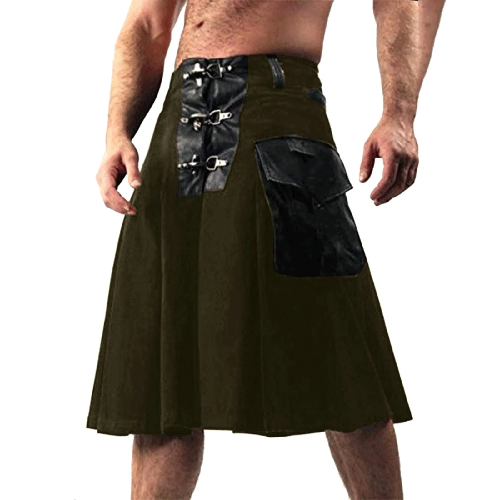 Retro Men Scottish Kilt Traditional Holiday Costumes Fashion Scottish Style Solid Pocket Decorate Pleated Skirt Tartan Skirts