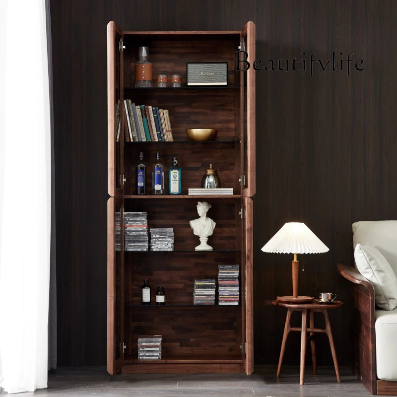 North America Black Walnut Glass Door Bookcase Modern Minimalist Floor Storage Cabinet Retro Style Display Cabinet