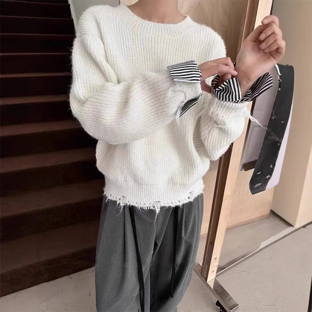 

Autumn Winter New Design European Style Women's Long Sleeve round Neck Loose Fit Irregular Fringe Sleeve Cap-Striped Knitwear