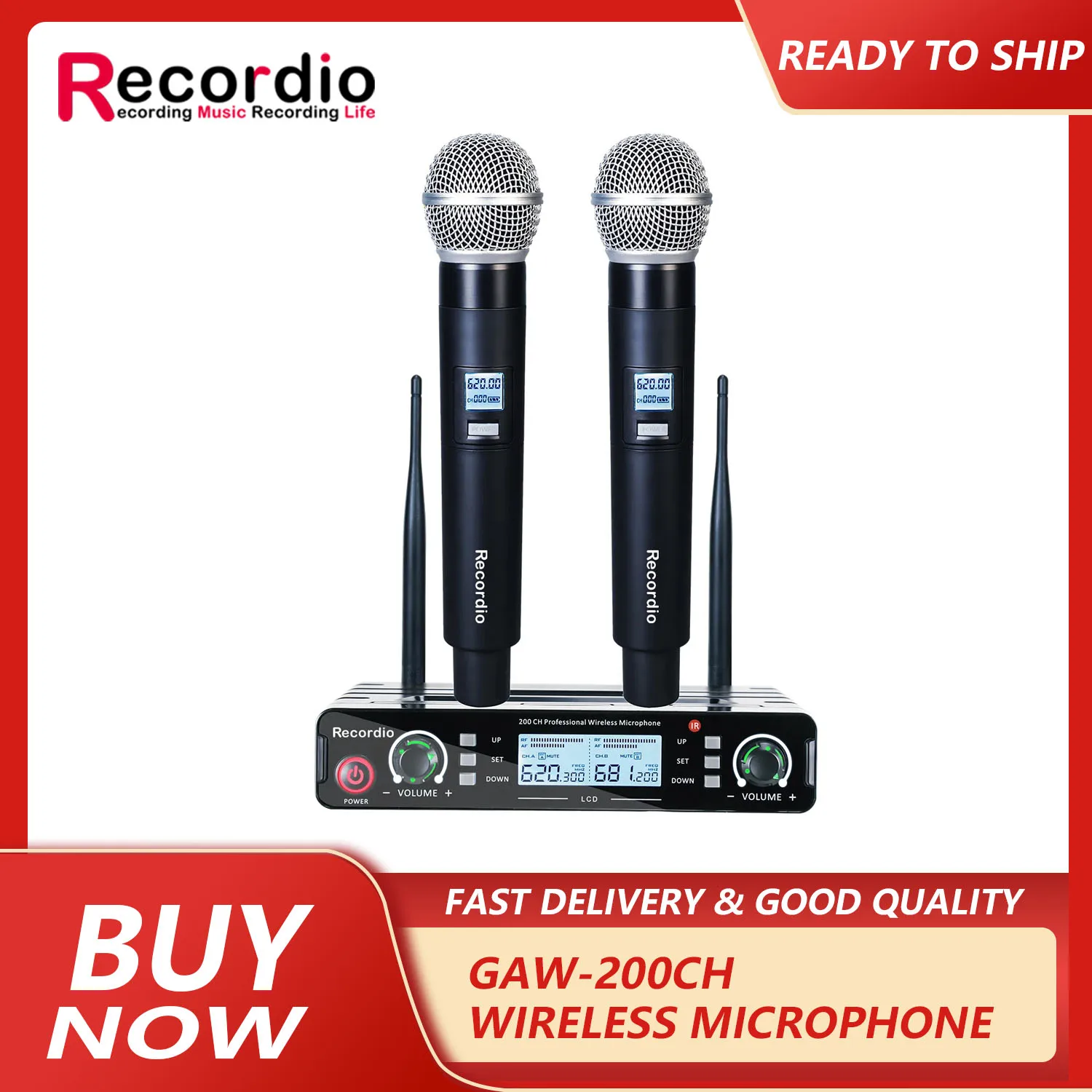 

GAW-200CH Pro Metal Wireless Mic Set Wireless Microphone System Handheld Cordless Dynamic Microphones for Singing Karaoke DJ