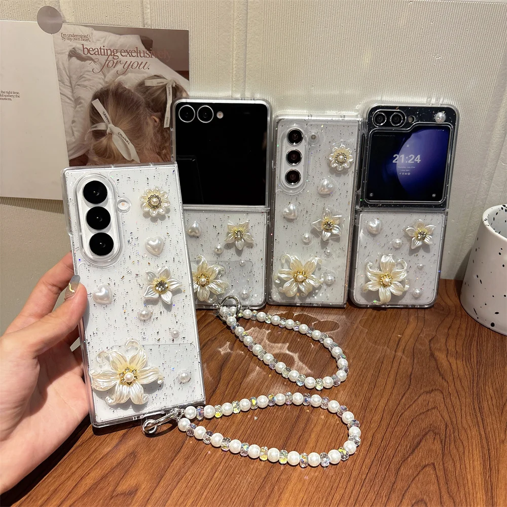 Elegant Stylish Delicate Iris Flower Pearl Heart Glitter Phone Case for Samsung Galaxy Z Fold 7 Bead Strap Cover for Z Flip 7-3
