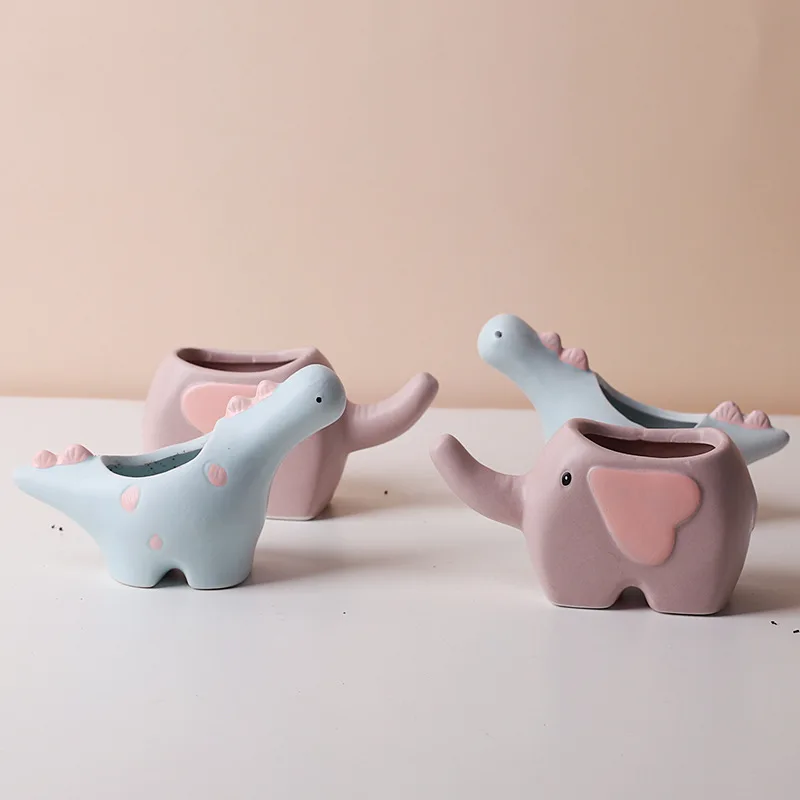 Cute Dinosaur Elephant Ceramic Planter Set With Balloon Ornament Mini Succulent Air Plant Pot Desktop