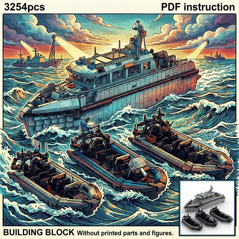 

Современный патрульный корабль ВМФ MOC с 3 военными тактическими скоростными штурмовыми катерами RIB, модель из блоков