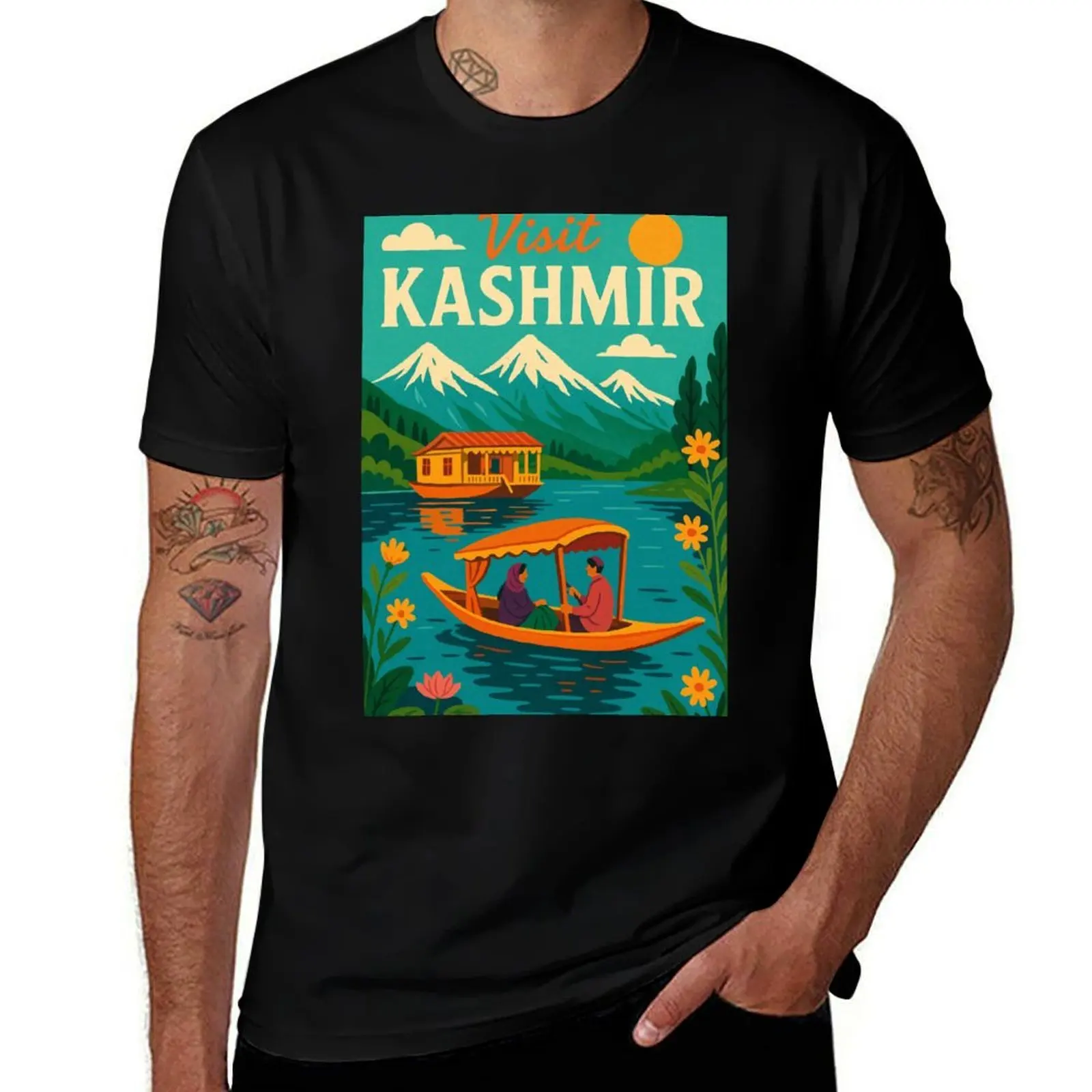 

Visit Kashmir with Shikara and Floating Houseboat T-Shirt gifts for boyfriend sweat men t shirts