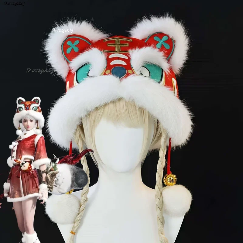 CNY Китайский Новый год Нарака: Bladepoint Hutao Косплей Cheongsam Набор Праздничная зимняя голова танца льва Плюшевая шапка Пушистая костюмированная