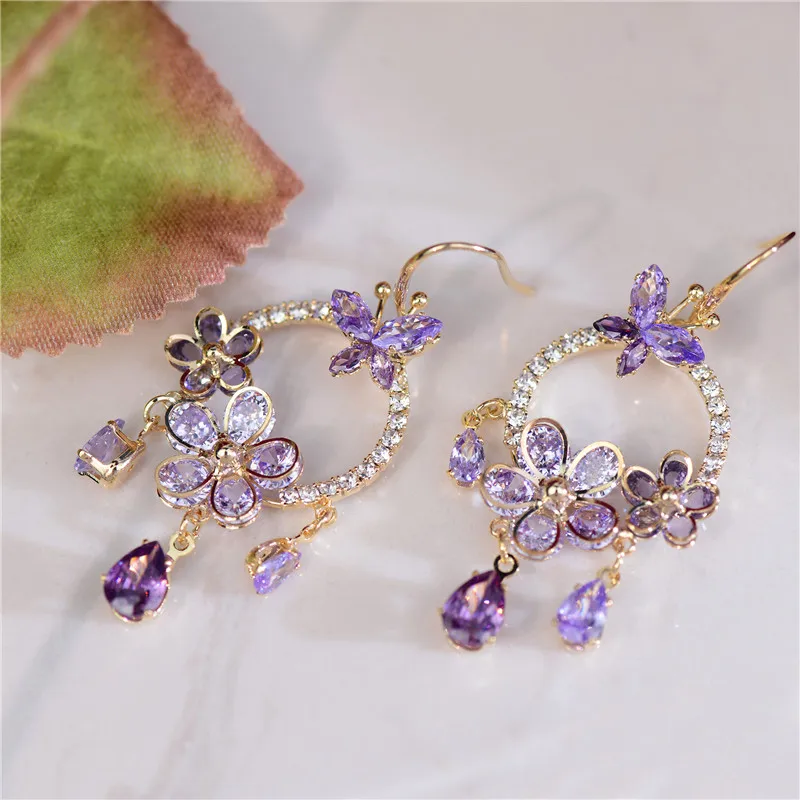 New Special Design Exquisite Flower Water Drop Color Zircon Advanced Sense French Light Luxury Retro Trendy Female Ins Earrings