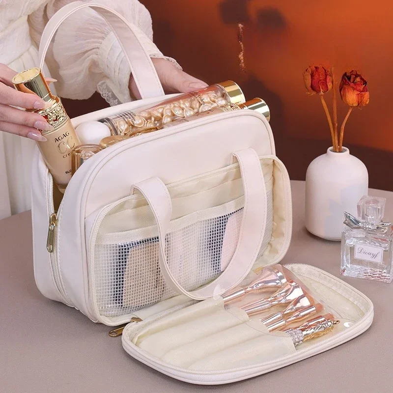Dual Compartment PU Makeup Bag With Handle, Portable Travel Cosmetic Pouch, Multi Pocket Organizer For Brushes Skincare Storage