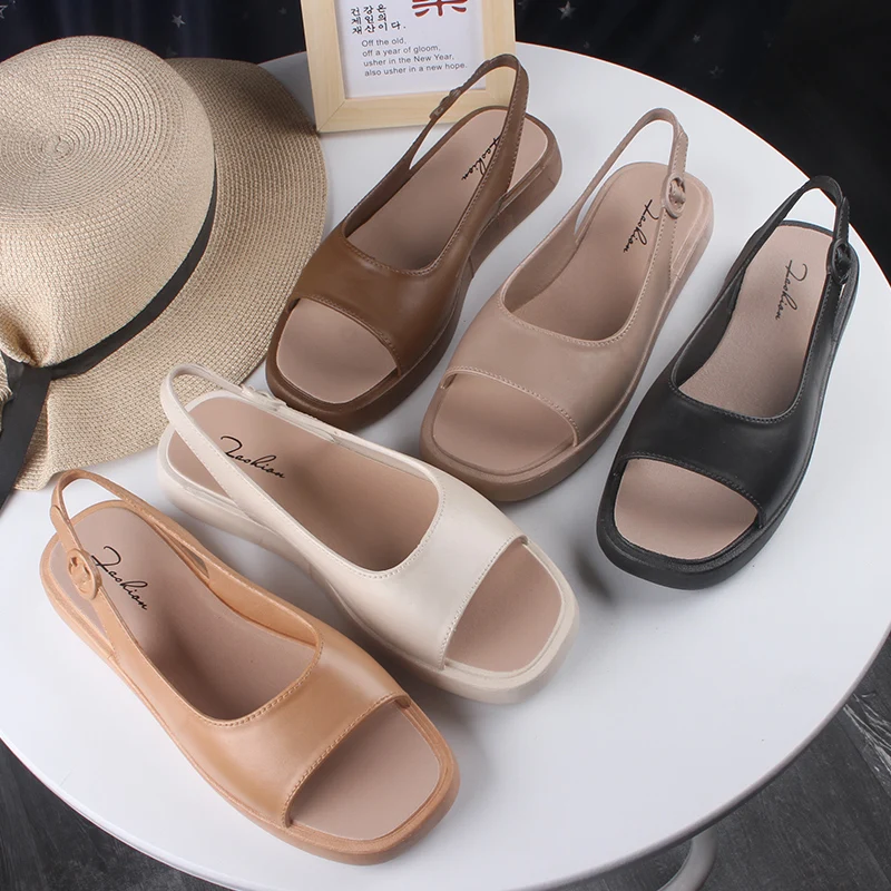 

Women's Summer New PVC Sandals Square Head Fashion Solid Color Open Toe Casual Flat Women's Shoes