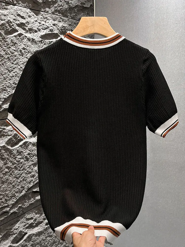 Pakaian Rajut Tipis dari Bahan Sutra Es untuk Pria Musim Semi Musim Panas Kasual Slim Fit Desain Kerah Lipat T-shirt Muda