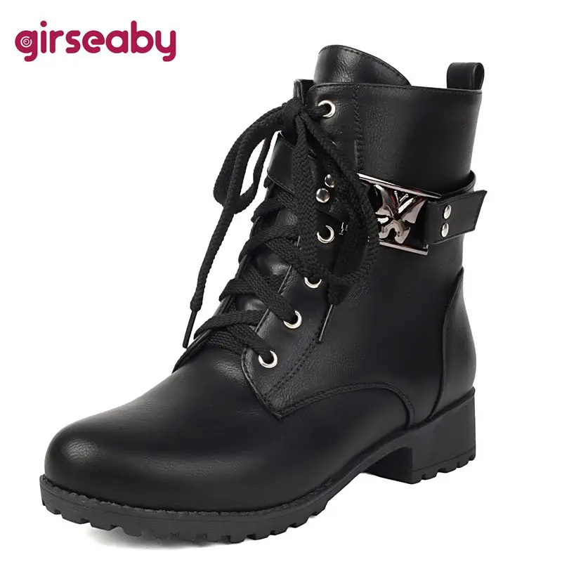 

Girseaby Ретро 2025 Зимние ботильоны женские с круглым носком 3 см на массивном каблуке на молнии на шнуровке размера плюс 45, 46 47 для отдыха на каждый день, зима