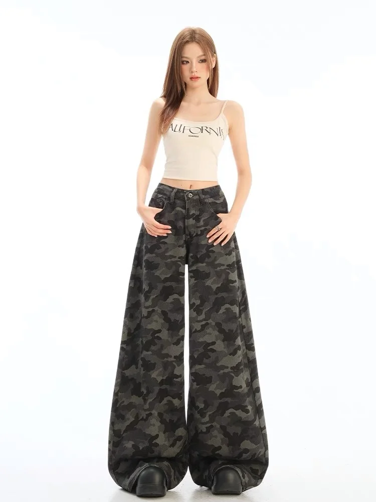 

Американский Vibe Ретро High Street Камуфляжные широкие брюки Женские тонкие прямые повседневные брюки с высокой талией Модные