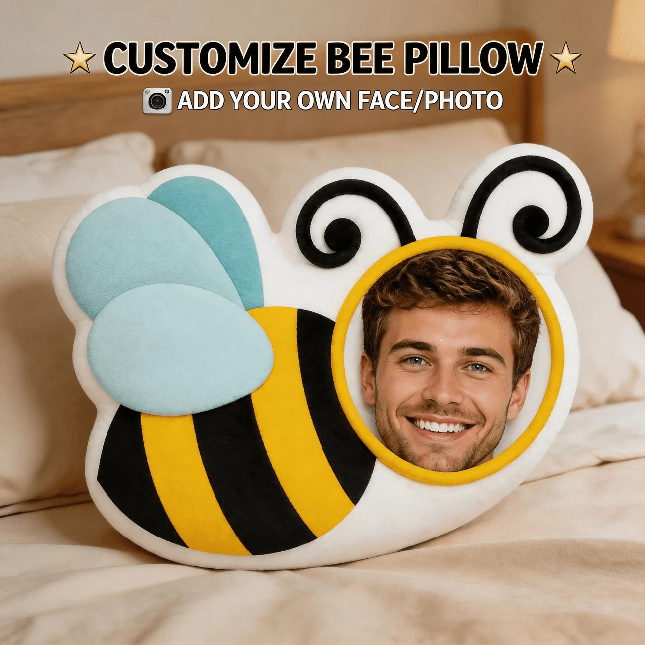 Custom Face Bee Shaped Pillow, Personalized Photo Decorative Cushion with Smiling Portrait, Unique Home Decor Accent for Sofa &
