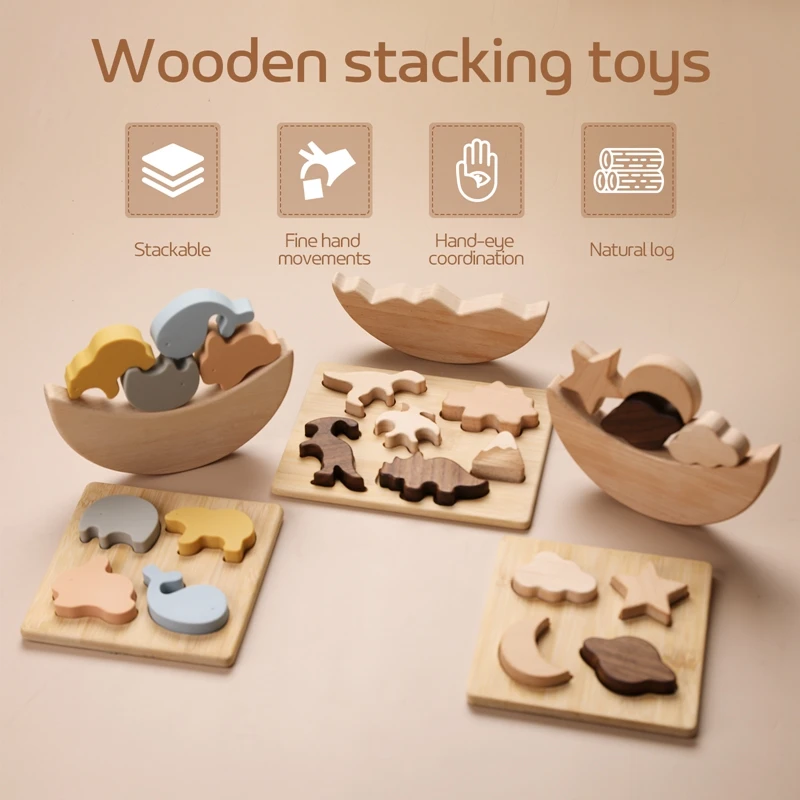 Kids Wooden Toy Set Cartoon 3D Puzzle Geometric Stacking Blocks Baby Educational Toys Animal Board Games Baby Toy 0-12 Months