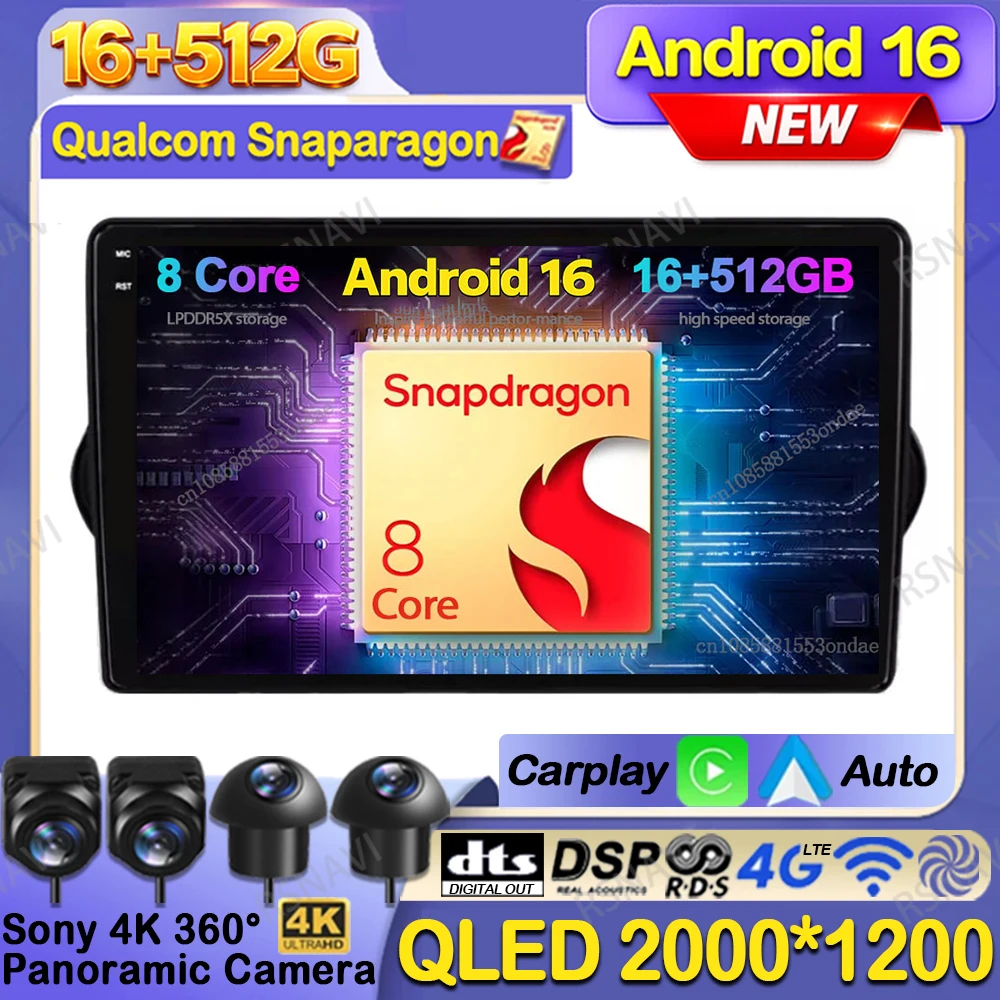 Rádio Automotivo Android 16 Para Fiat Tipo Egea Dodge Neon 2015-2018 QLED DSP Unidade Principal GPS Qualcomm BT Navegação 4G LTE Multimídia