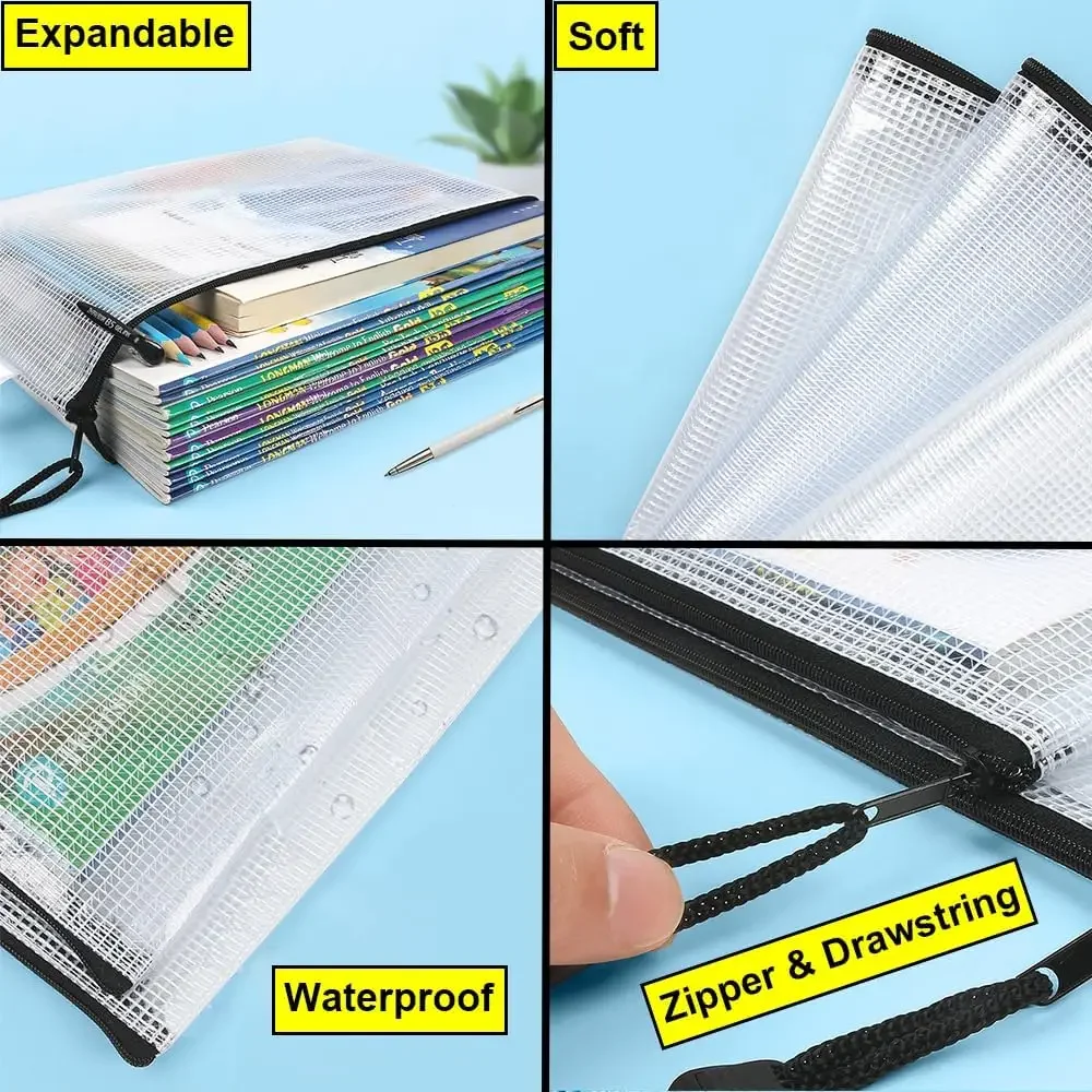 3/5PCS Stationery Storage Bag Folder File Mesh Zipper Pouch A3 A4 A5 A6 Document Bag Zip File Folders School Office Supplies