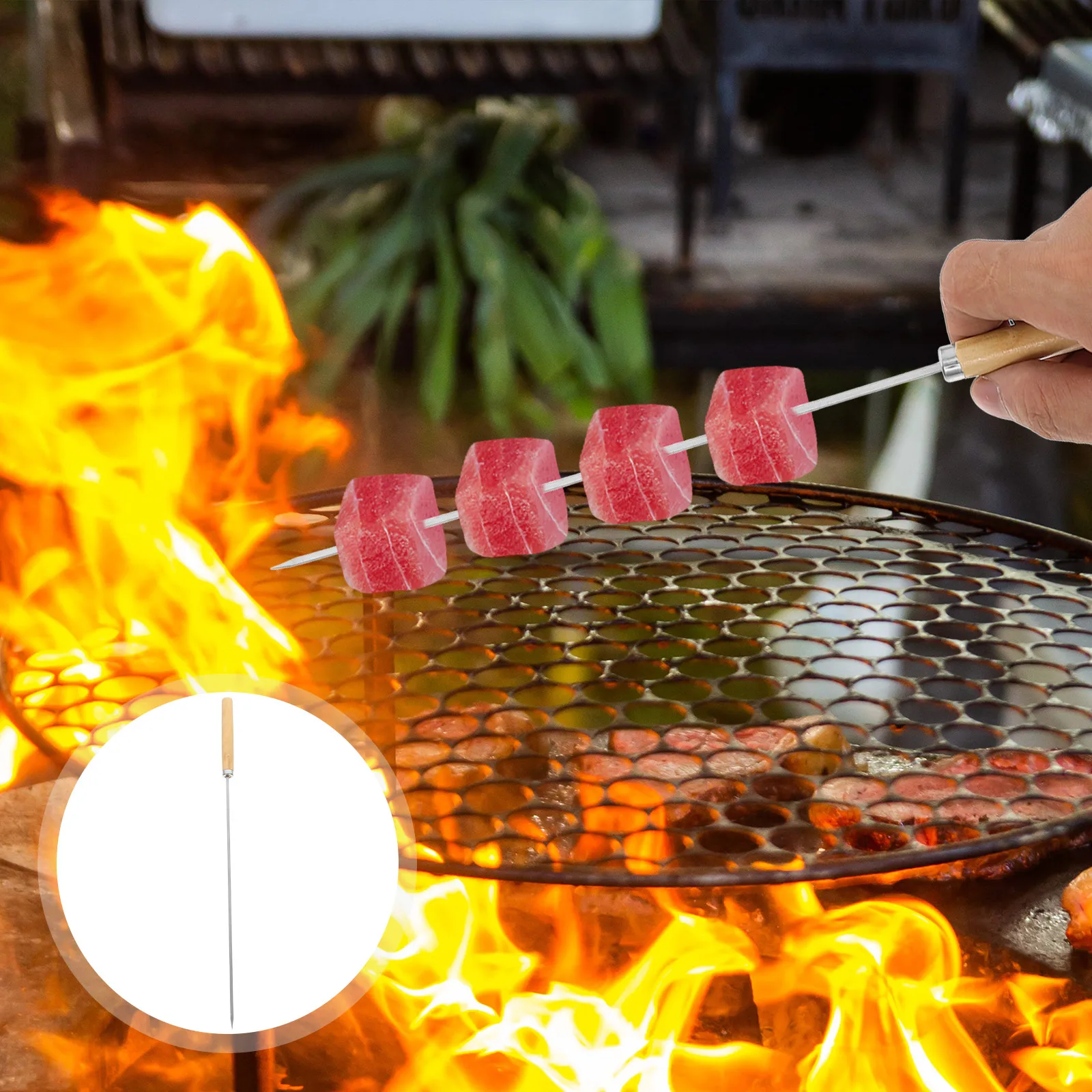 

50pcs Barbecue Skewers Stainless Steel Wood Handle Metal Skewers For Grilling Meat Vegetable Flat Long Bbq Sticks Reusable