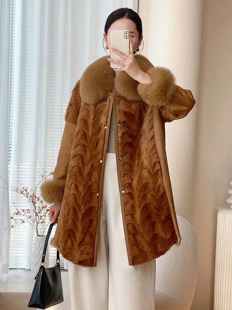 Popular high-end fox fur collar women's long coat autumn and winter fashion new mink fur coat