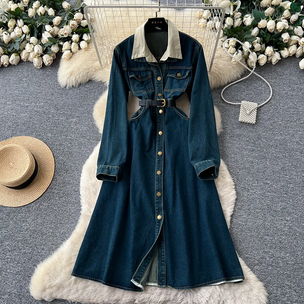 

Women Dresses Denim Dress Pocket Turn Down Collar Ankle Length Long Sleeves Single Breasted Cinched Waist Casual 2025 Summer