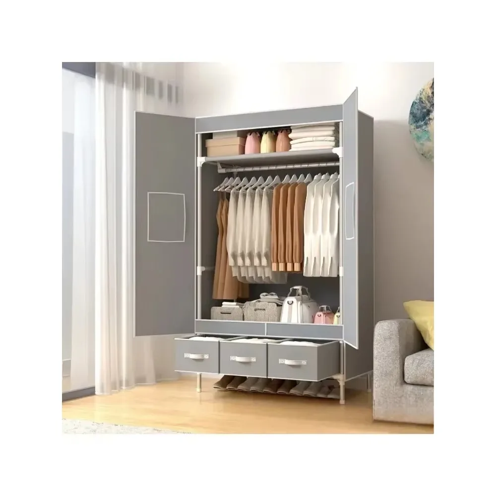 

2024 Internet celebrity simple fabric wardrobe, door opening type household fabric wardrobe with 3 storage boxes, Storage locker