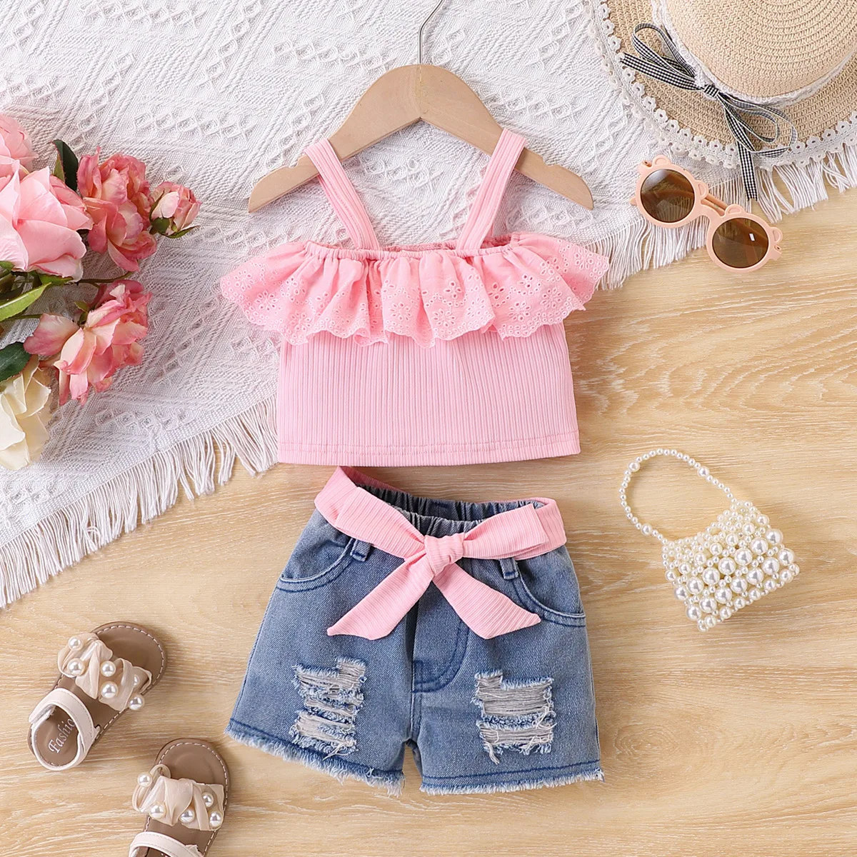 Baby Girl Summer Two-Piece Set: Pink Ruffled Hollow-Out Camisole Top + Bow-Knot Ripped Denim Shorts, Cute and Fashionable Trendy Outfit
