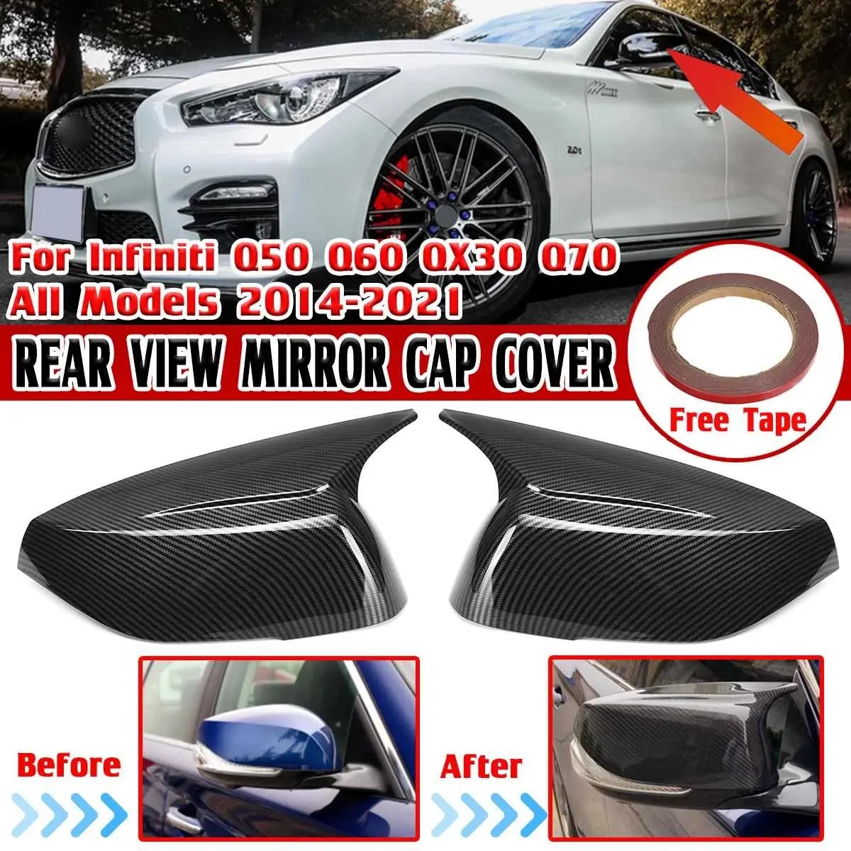 M Style 2X Side Mirror Cover Cap Carbon Fiber Look Rear View Mirror Shell Case for Infiniti Q50 Q60 QX30 Q70