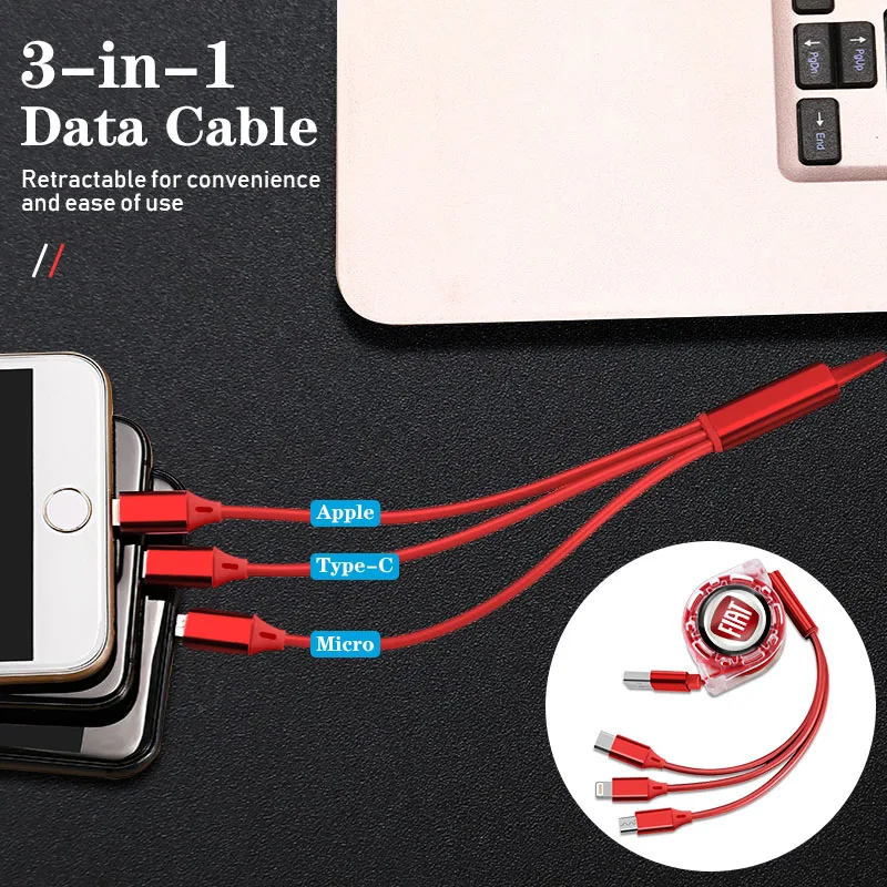 3 في 1 مايكرو USB نوع C كابل شحن شاحن متعدد لشركة فيات 500 بونتو باندا دوبلو ستيلو برافو فريمونت دوكاتو بوندو FR أبارث #2
