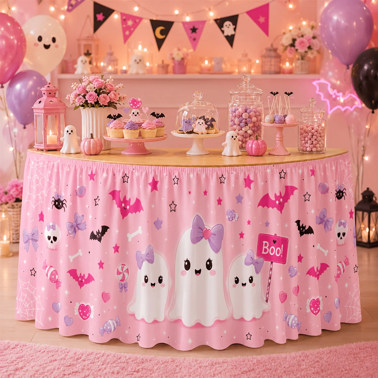 1 piece of 2D flat banner - tablecloth and table skirt. Polyester pastel pink Halloween decoration, Halloween cute.zyc
