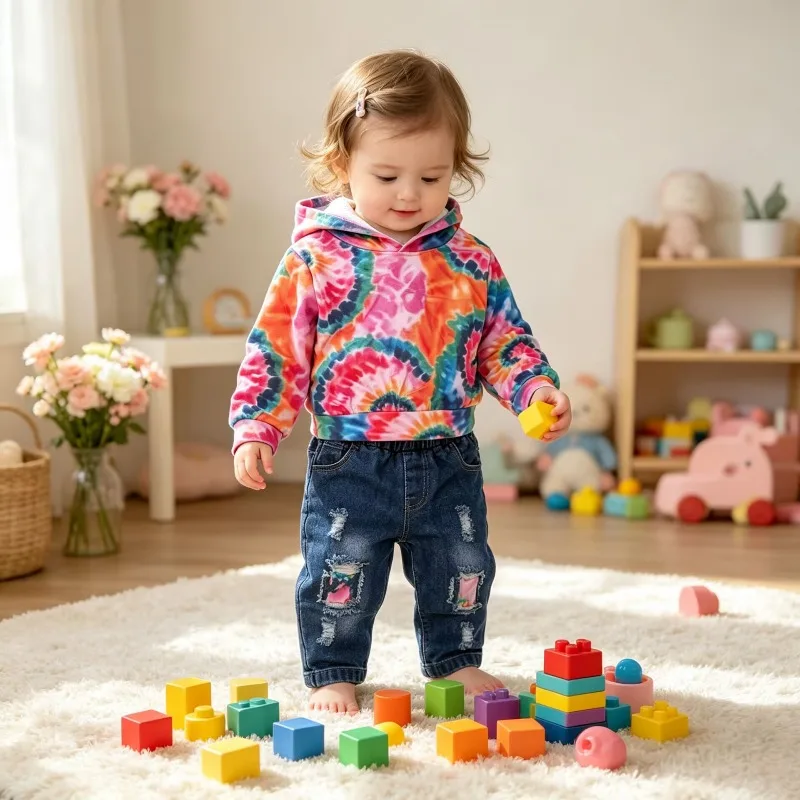 2Pcs Kids Spring Autumn Outfit TieDye Print Hoodie Patchwork Ripped Denim Pants Boys Girls Fashion Trendy Casual Clothing Set