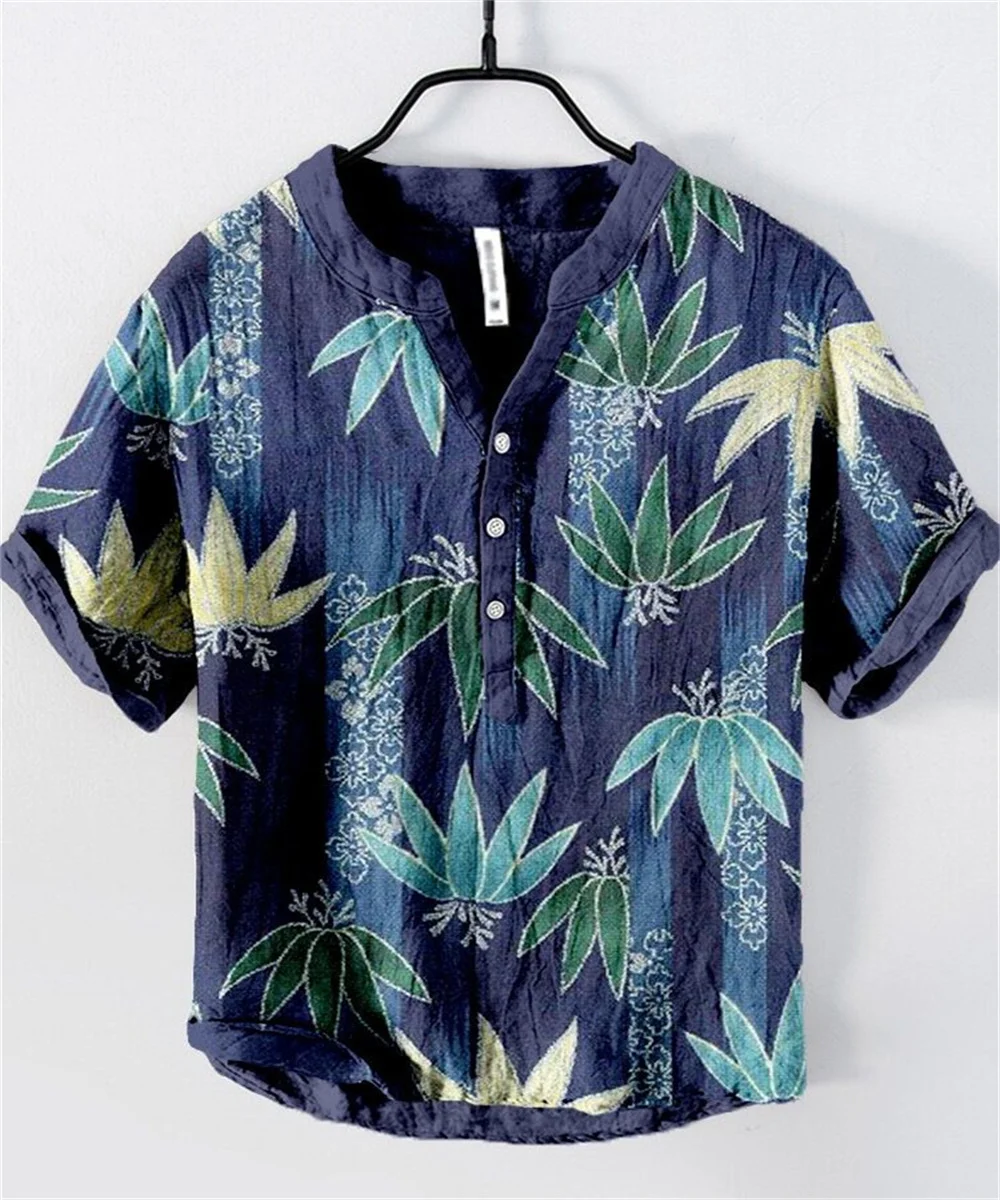 Summer new men's short-sleeved polo shirt printed linen shirt European and American popular elements large size S-5XL