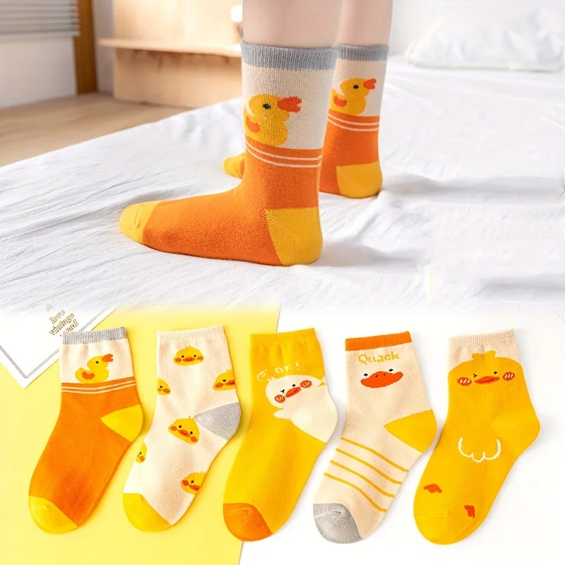 5 Pairs Cartoon Duck Print Children Socks Soft Cozy Cotton Breathable Kids Daily Crew Socks Set