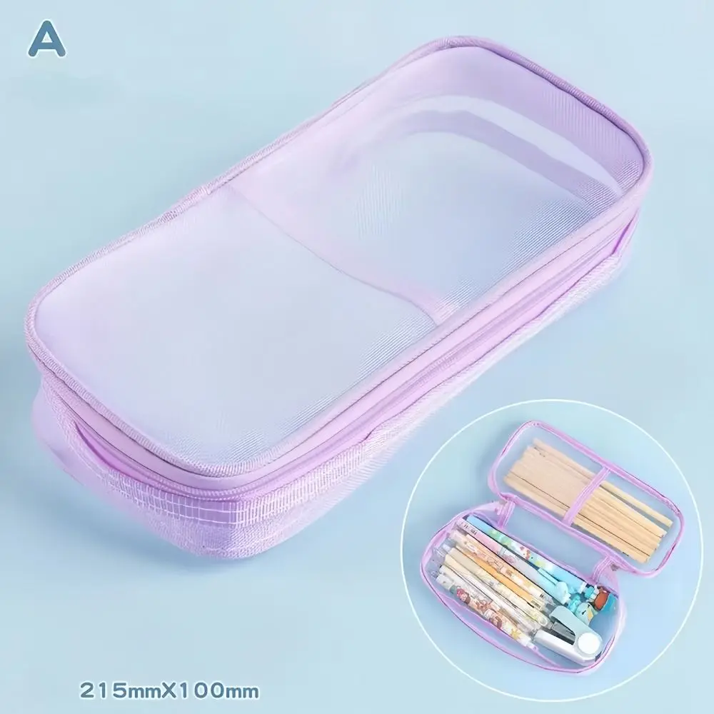 Double Layer Mesh Pencil Case Lightweight Multi-Purpose Transparent Pens Pouch Large Capacity Aesthetic Bag