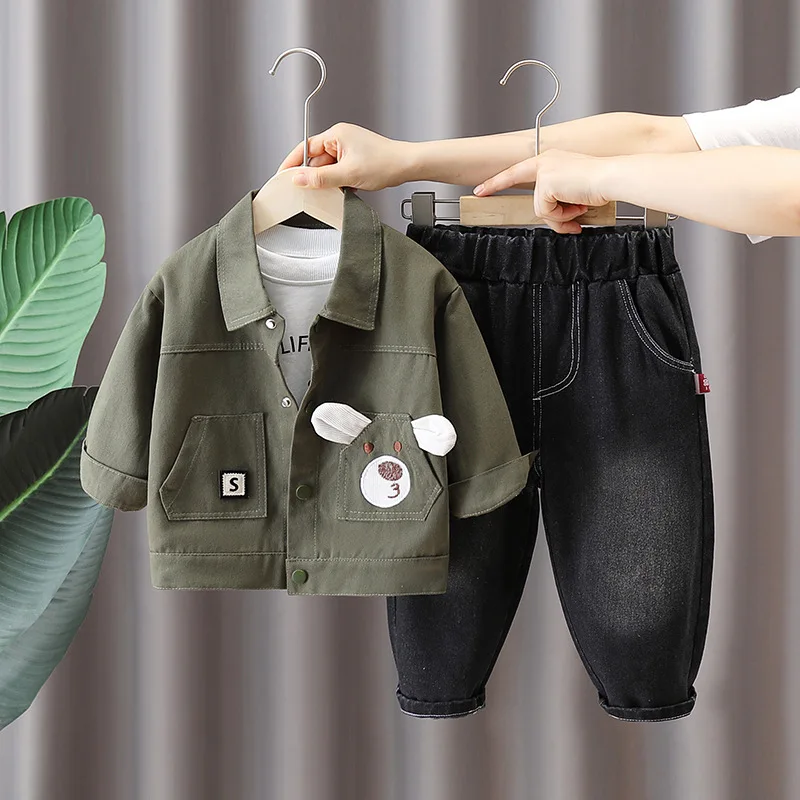 Autumn 2024 Korean Toddler Baby Boys 3PCS Clothes Set Printed Tops Cartoon Coat Stretch Jeans Suit Kids Boys Outfits