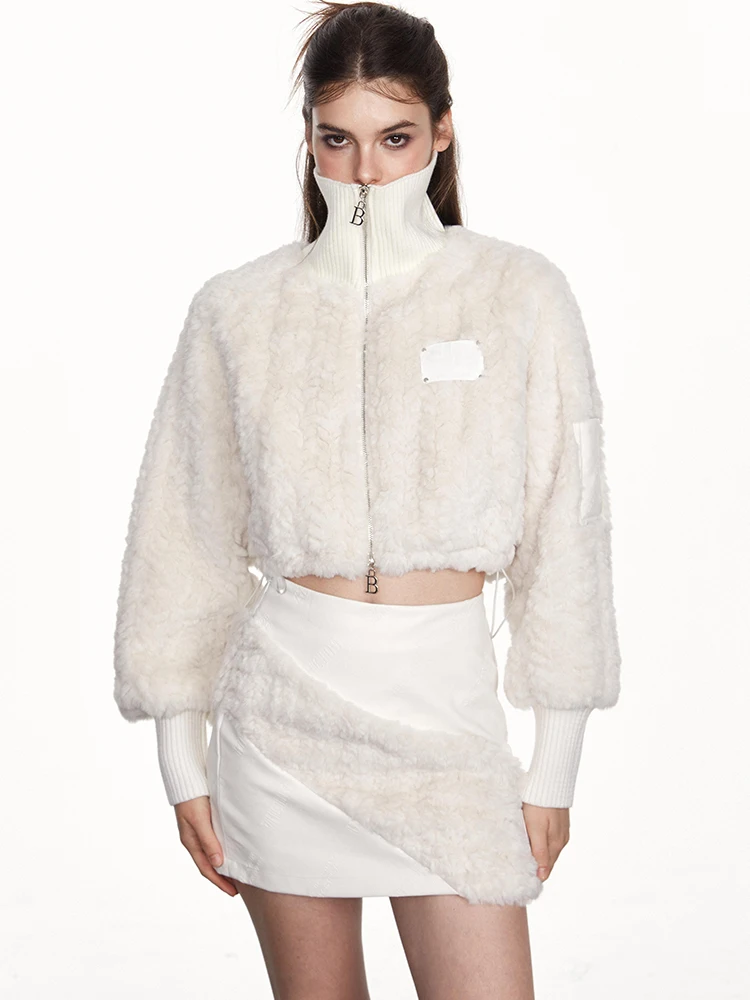 

Billboom American Sle Lamb Fur ort Coat Women's New Sle Stand Collar White Jaet Ladies Sweet Sle Loose Fit Zipper