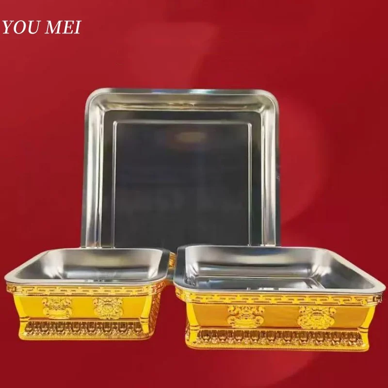 

Tibetan Fruit Altars Plate,Engraving Resin Stainless Steel Square Saucer,Auspicious Offering Holy Plate,Buddhism Items,34 cm