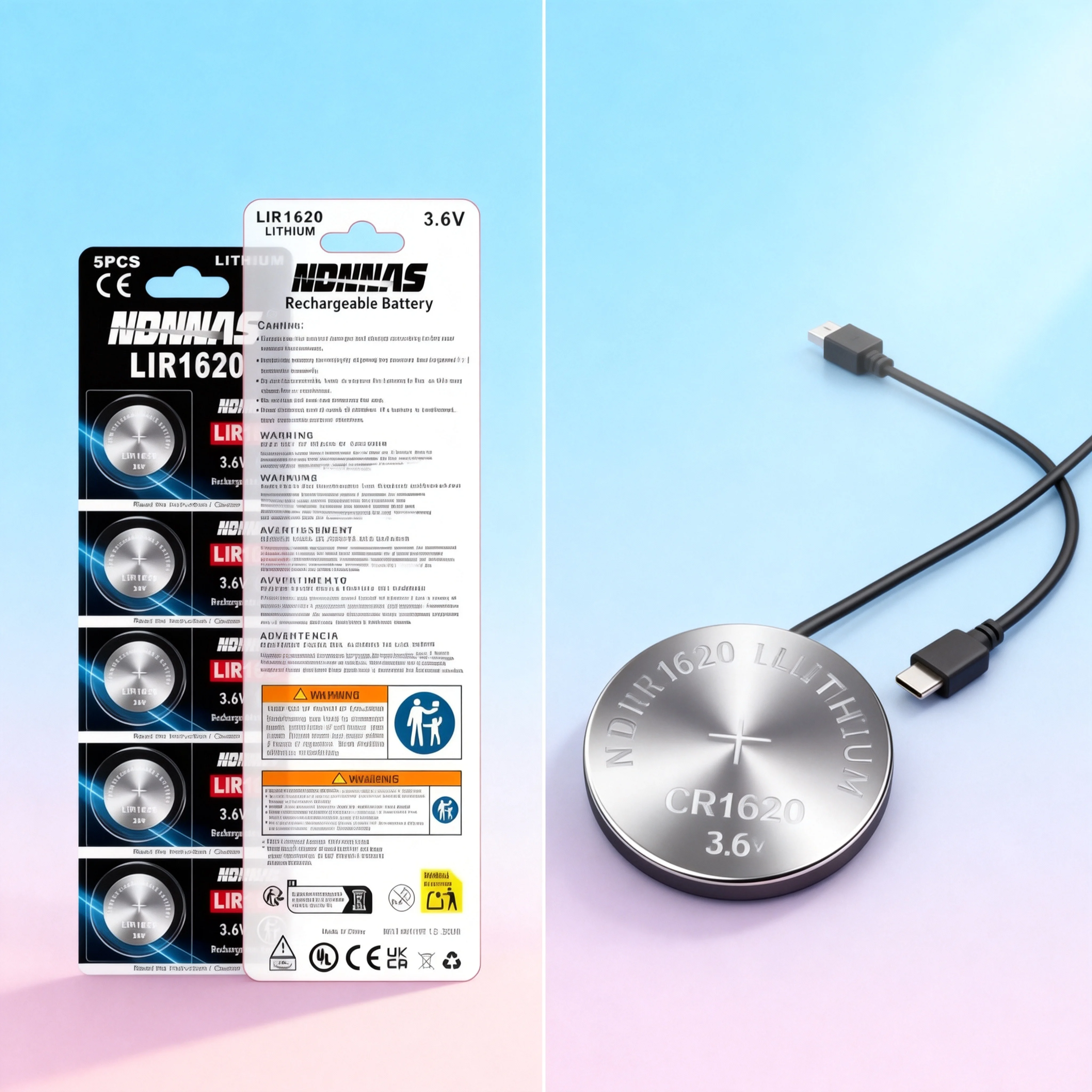 

LIR1620 3.6V 30mAh Rechargeable Button Lithium Battery Cell - USB Charger Charging Cable Included - Equivalent To CR1620