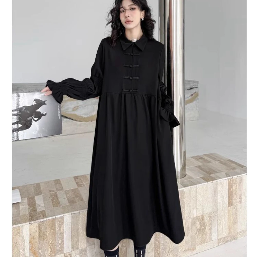 Plus Size 5XL 150kg Autumn Spring Black Dress for Women Long Sleeve Solid Dresses Casual Loose Waist Dresses