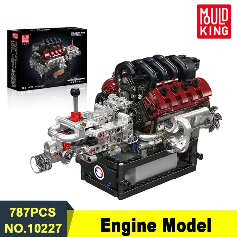 MOULD KING 10227 MOC V8 Engine Model Kit 787PCS Mini Building Blocks with Working Pistons Gearbox STEM Mechanical Toy for Adults