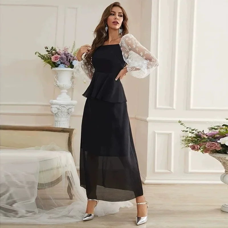 

Women Eid Muslim Dresses Square Collar Lantern Sleeve Vestidos Loose Fit Dubai Abayas High Waist Sexy Patchwork Party Dress