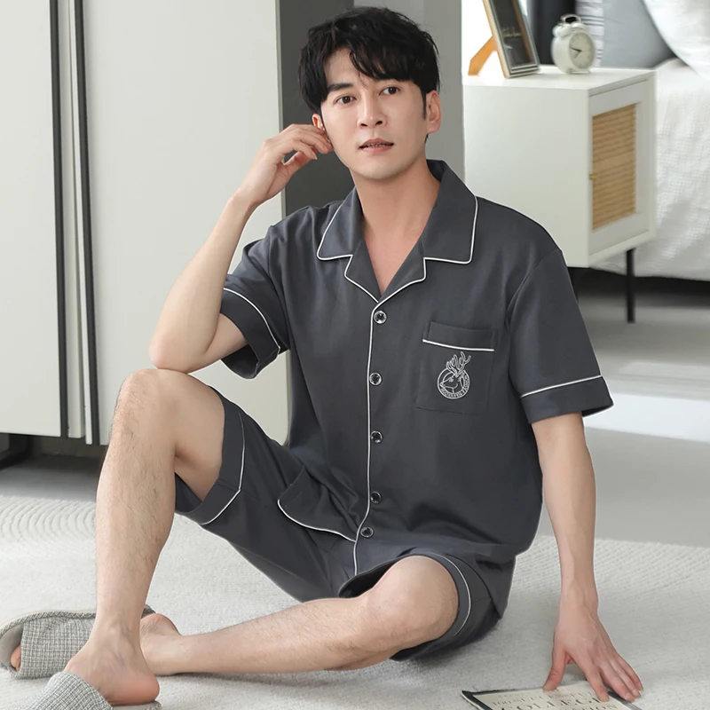 Summer M-4XL 100% Cotton Men Pajama Set Short Sleeve Pijama Turn-down Collar Sleepwear Short Tops+Short Pants 2Pcs Set