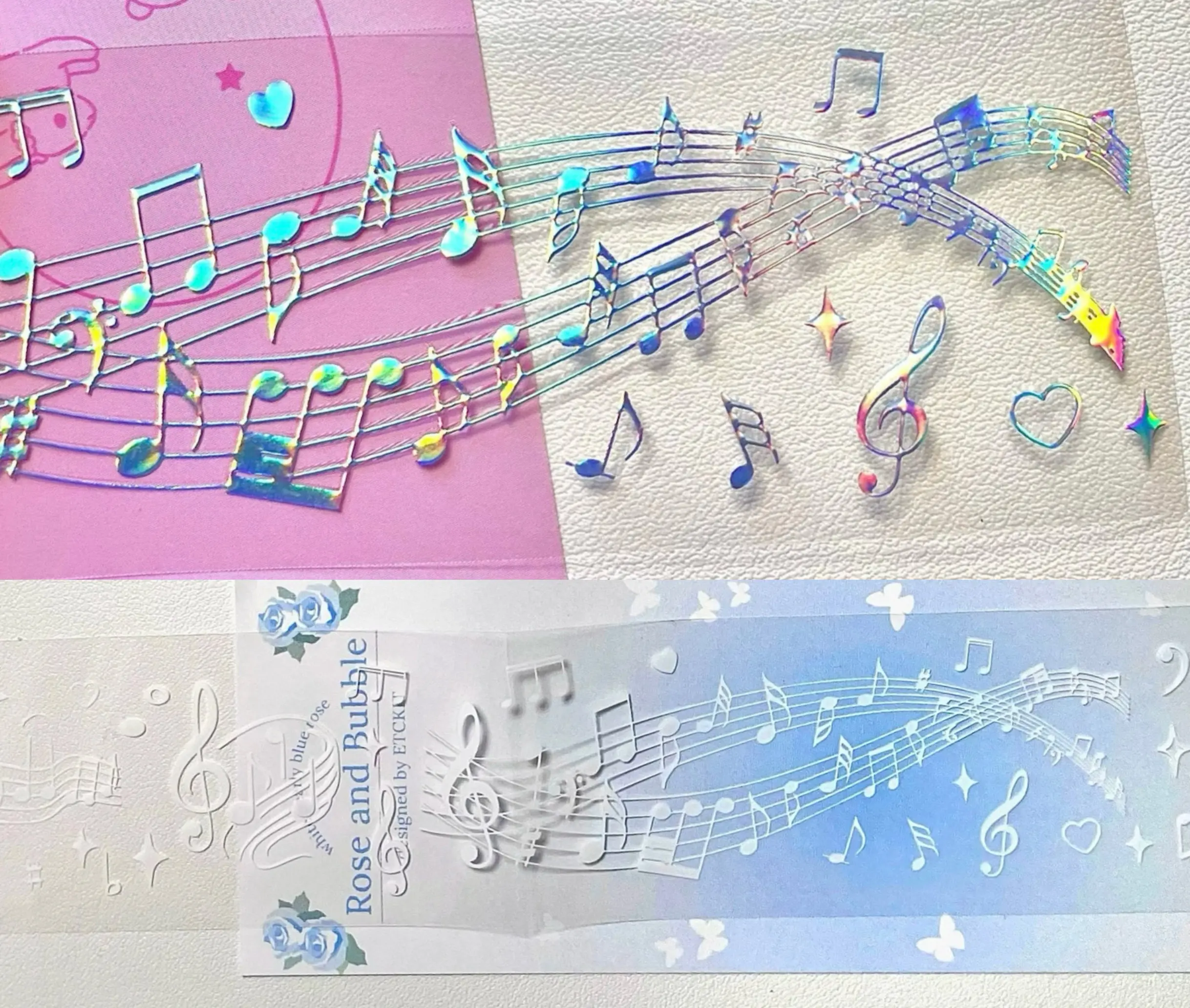 

3.25 Washi Pet Tape 1 Loop Staff Pet White Ink, Laser Silver, Music Notation, Music Note Deer Pickup Three Journaling
