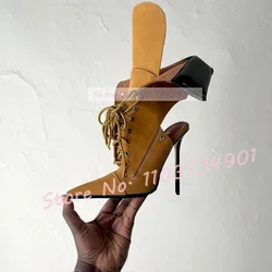 Hollow Lace Up Ankle Boots Women Yellow Thin High Heels Pointed Boots Lady Sexy Turned-over Edge Fashion Nifty Bare Heel Shoes