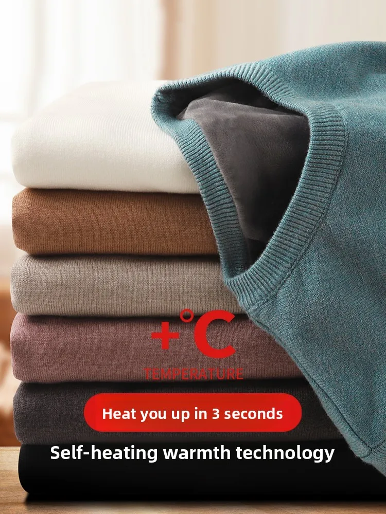 

Мужской утепленный трикотажный джемпер с круглым вырезом, модный, приталенный, с длинным рукавом, однотонный, для повседневной носки и делового стиля