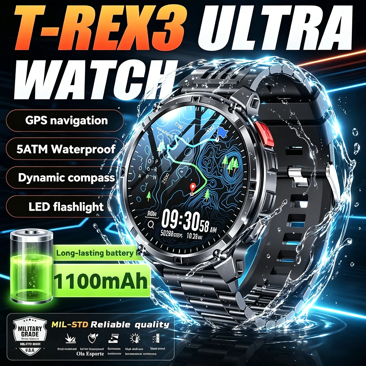 

Новые умные часы TRex 3 Ultra Rugged для мужчин, с увеличенной батареей 1100 мАч, компасом, водонепроницаемостью IP68, Bluetooth, фонариком и функциями для фитнеса