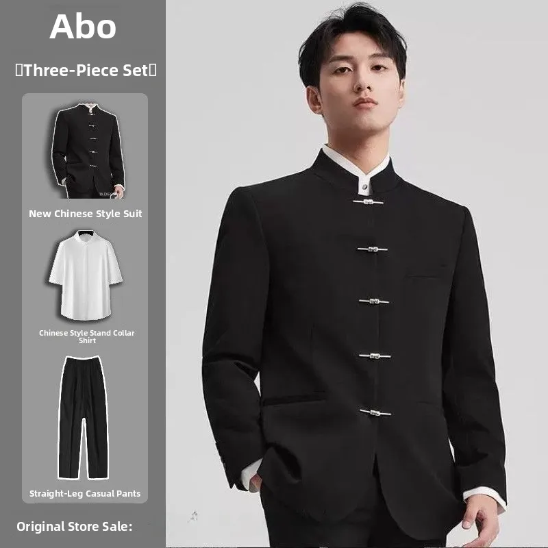 

Men's Tailored Suit Set Slim Fit Chinese Style Wedding Groomsmen Attire Stand Collar Western Suit Two Slits Autumn Wear