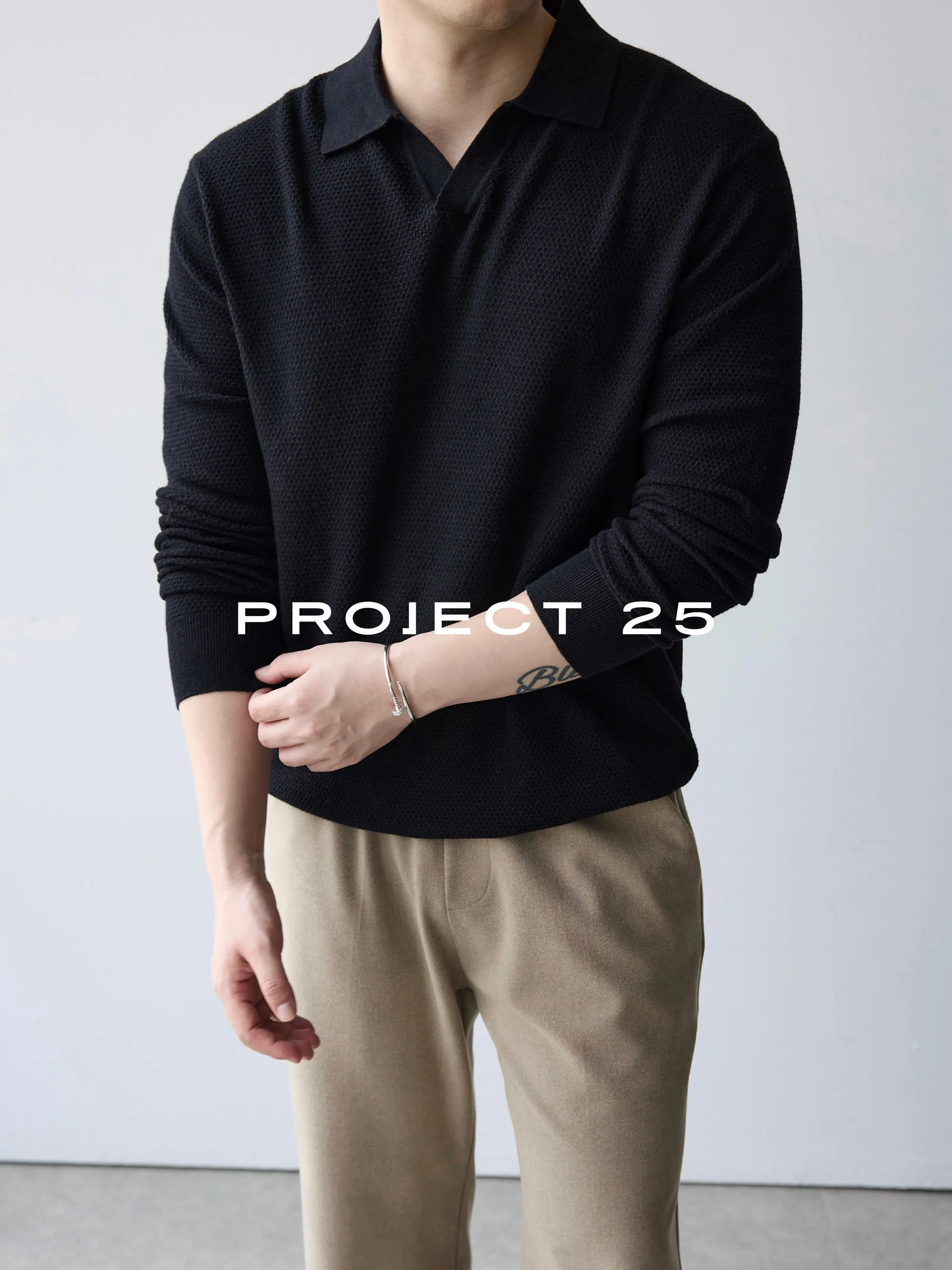 PROJECT 25 Men's Merino Wool Blend V-Neck Knit Polo – Premium Pineapple Stitch Texture, Quiet Luxury Business Essential