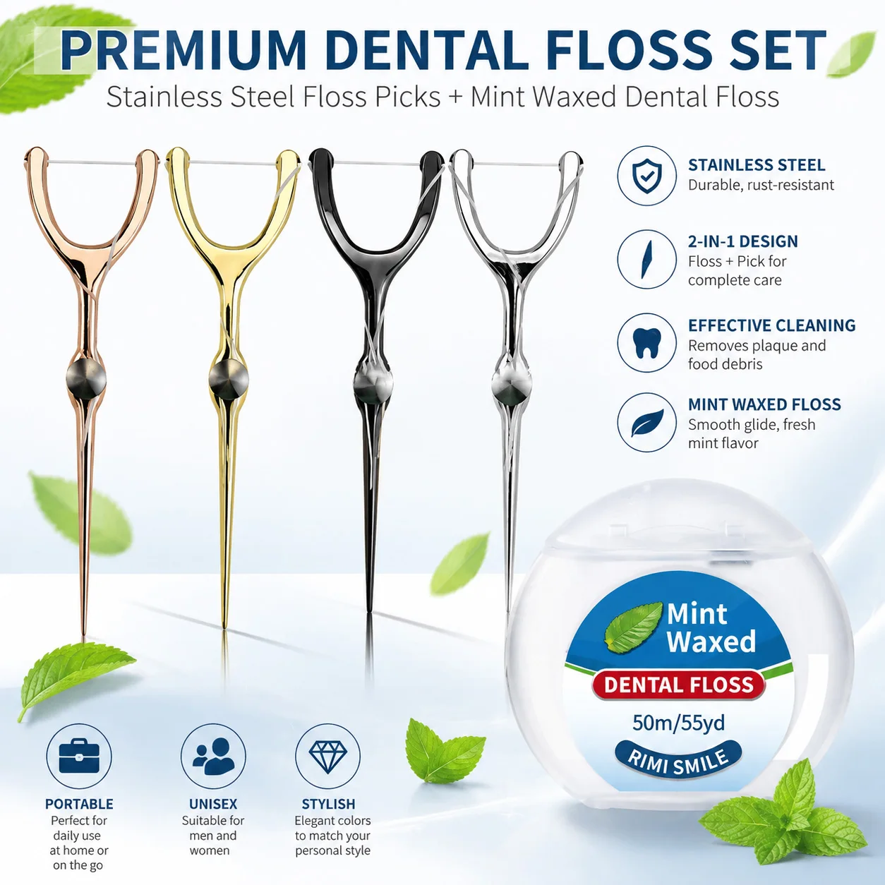 Y-type stainless steel floss holder, reusable metal floss handle with oblique head Includes 50m Mint Floss Refill, 4 Colors