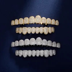 RACHELZ Hip Hop 10/10 Iced Out CZ Stone Teeth Grillz Punk Rapper 14K Gold Plated Zircon Tooth Caps For Women Men Jewelry Gift