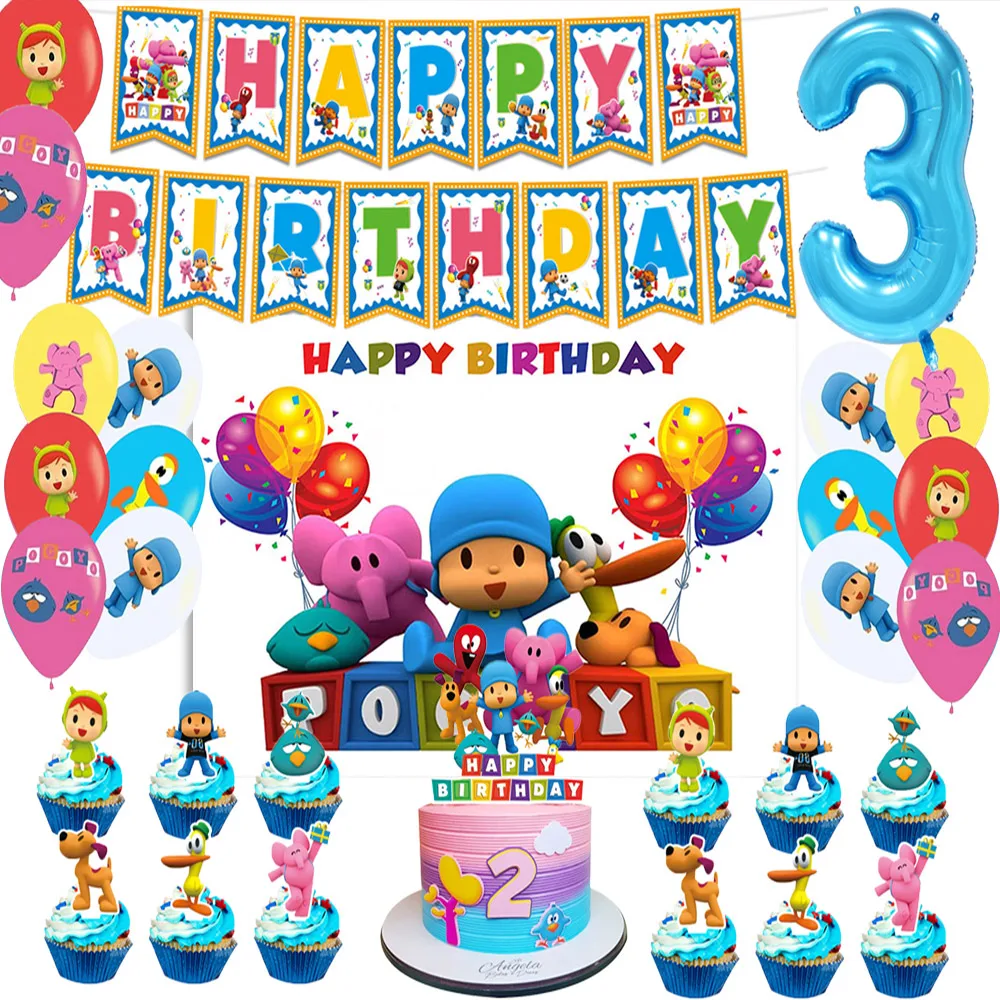 

Cartoon Blue Pocoyoed Children's Birthday Party Supplies Game Poster Photography Background Balloons Cake Topper For Kids Gifts