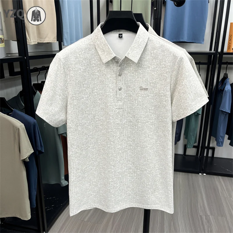 Daily basic mens faint printed lapel polo tee stretch soft fabric sweat proof summer outdoor minimalist casual garment